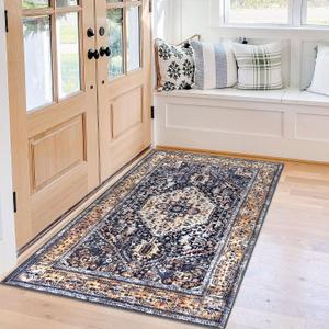 KOZYFLY Boho Area Rug 3x5 Ft Rugs for Entryway Washable Entry Rug Non Slip Door Mat Indoor Entrance Gold Navy Printed Faux Wool Vintage Kitchen Rug Throw Rugs for Entrance Kitchen Living Room