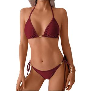 SHENHE Women's String Bikini Set 2 Piece Triangle Halter Side Tie Swimsuits Bathing Suits (Medium, Burgundy)