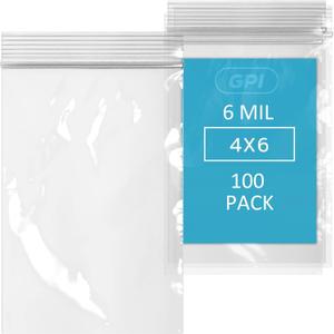 GPI - 6 Mil, Extra Heavy-Duty, 4" x 6" Clear Plastic Reclosable Zip Bags, Puncture-Resistant, Strong Resealable Poly Bags, With Lock Zipper Seal, For Screws, Nuts, Bolts & Constuction, 100 Count