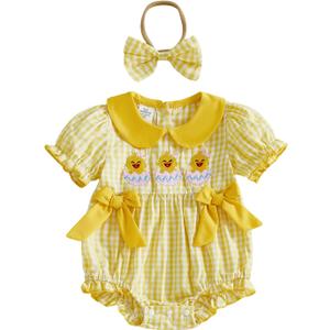 Baby Girl Easter Outfit Newborn Bow Eggs Embroidery Smocked Bubble Romper Easter Onesie Infant Cute Summer Clothes 18-24M