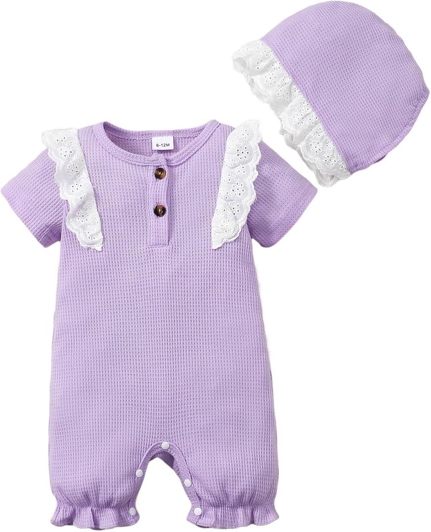 SUNNY PIGGY Baby Girl Clothes Infant Sleeveless Jumpsuit One Piece Romper Newborn Overalls Outfits Bodysuit with Hat (6-12 Months, Purple-lace)