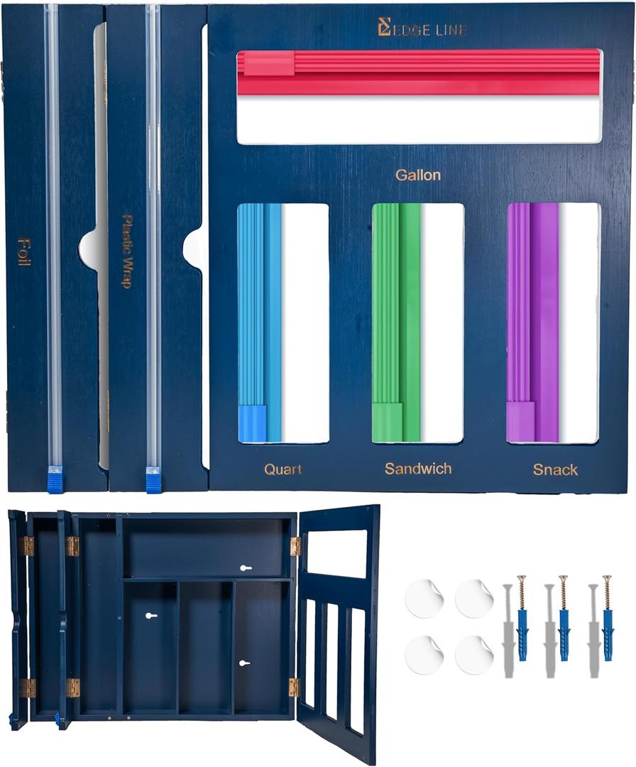 EDGE LINE Blue Storage Bag Organizer - Wrap and Foil Dispenser with Cutters, 6 in 1 Bamboo Foil and Plastic Wrap Organizer; Quart, Sandwich Bags
