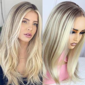Aisom Wear And Go Glueless Wigs 18 Long Straight Synthetic Wig Mixed Brown and Blonde Color Ombre Lace Front Wigs for Women Highlight Wig