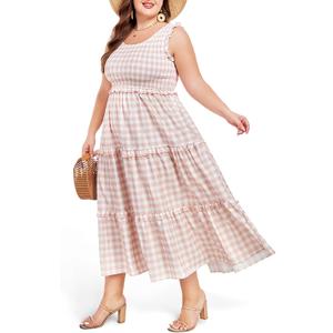 Women's Plus Size Summer Casual Maxi Dress Ruffle Sleeveless Plaid Smocked Tiered Long Dresses with Pockets (White, L)