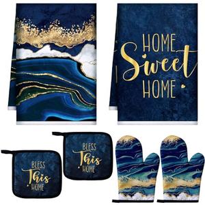 Bencailor 6 Pcs Marble Kitchen Decor Gold Pot Holders Oven Mitts 2 Dish Towels 2 Farmhouse Cooking Mittens Oven Glove and Potholder for Baking Cooking Grilling Supply Accessories (Blue)