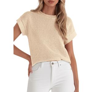 PRETTYGARDEN Women's 2026 Spring Fashion Sweater Vest Business Casual Crochet Tops Cap Sleeve Knit Shirt Beach Summer Outfits (Beige, M)
