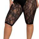 Women's Plus Size Floral Lace High Waisted Shorts Sheer Mesh Casual Leggings (XX-Large Plus, Black)