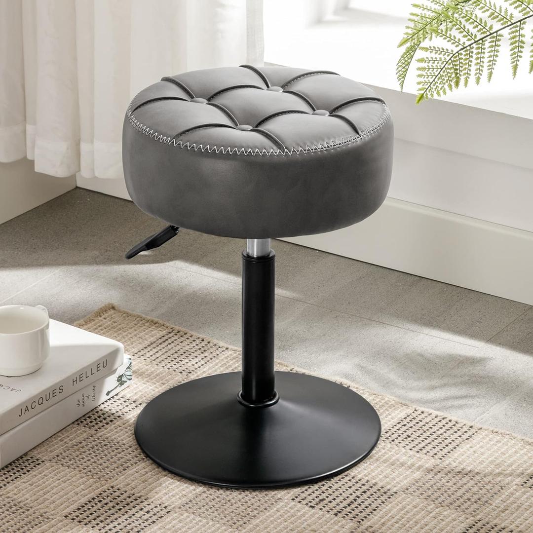LUE BONA Adjustable Vanity Stool, 360 Swivel Chair for Makeup Room, Gray Faux Leather Stool for Bathroom & Living Room (Grey)