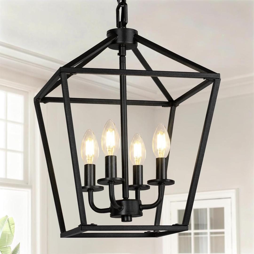 4 Light Chandelier, Industrial Ceiling Light Black Lantern Light Fixtures with Farmhouse Metal Cage Adjustable Height Rustic Geometric Hanging Light E12 Base for Kitchen Island, Entryway, Indoor