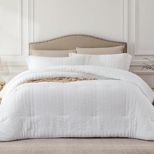 Quataly White Full Comforter Set - 3 Pieces Seersucker Lightweight Bedding Comforter Sets (1 Soft Fluffy Comforter & 2 Pillowcases) - All Seasons Cozy Modern Bed Sets for Women Men