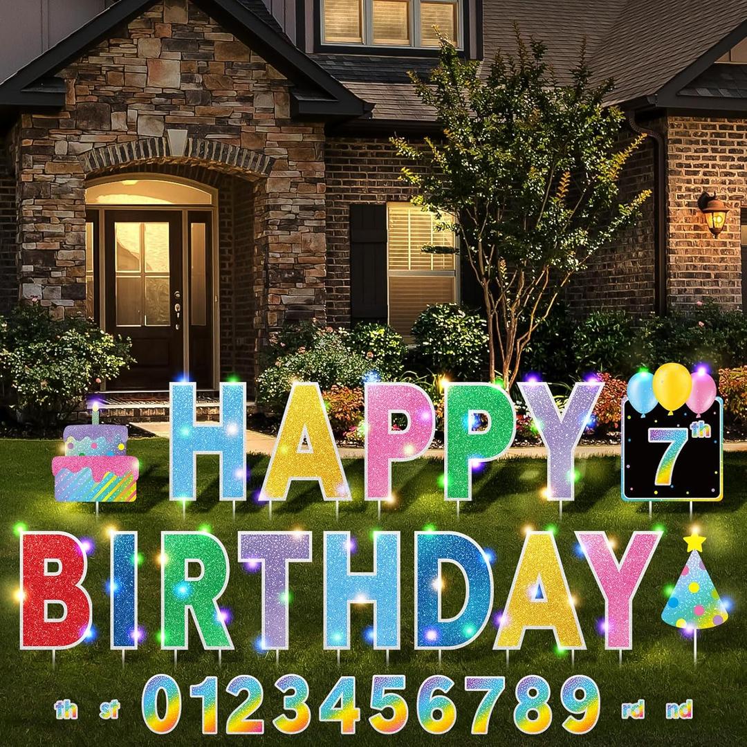 Yerliker 16 Pcs Happy Birthday Yard Signs with Stakes, 32.8 ft LED Lights, 42 Pcs Number Stickers, 13.4 Inch Letters Signs for Birthday Party Supplies Yard Lawn Outdoor Decoration(Colorful)