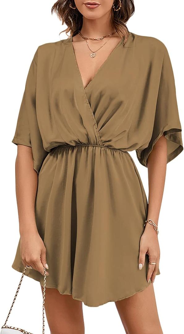LYANER Women's Satin V Neck Twist Ruffle Flowy Swing Short Sleeve Elegant Mini Dress (Medium, Brown)