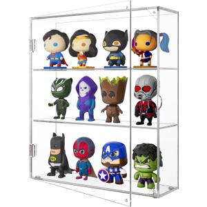 NIUBEE Acrylic Display Case, Clear Display Case for Funko Pop Figures, Wall Mounted or Desktop Dustproof Display Cabinet Box for Collectibles ,Rock,Crystals,Mini Toys,Amiibo (3 Tiers)