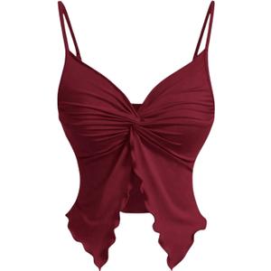 Women's Twist Front Cami Crop Tops Spaghetti Strap Slim Fit Asymmetrical Camisole (Medium, Burgundy)