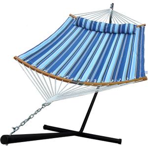 Hammock with 12.8 Feet Stand & Curved Bamboo Spreader Bar Double Hammocks 2 Person Heavy Duty Max 450lbs Capacity, Catalina Beach