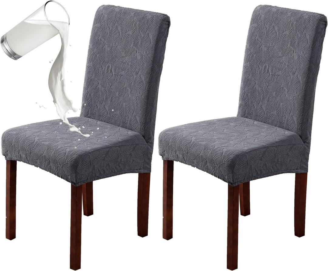 Genina 100% Waterproof Dining Room Chair Covers Set of 2 Stretch Kitchen Chair Covers Parsons Chair Slipcovers for Dining Room Chair Protector Cover, Removable, Washable (Leaf Pattern-Dark Gray) (Regular-2 Pack)