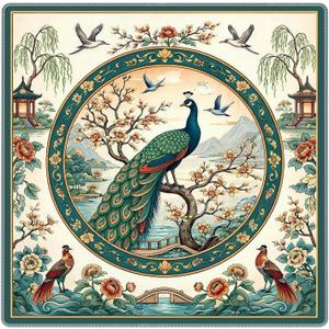 Vintage Green Chinoiserie Peacock Mahjong Mat for Table 31.5x31.5 in, Chinese Floral Pavilion Peacock Mahjong Table Mat Cover Anti Slip Noise Reduction for Mah Jong Card Board Tile Games