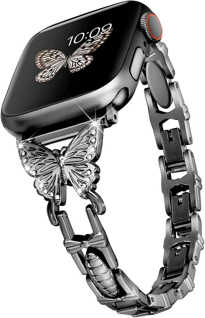 wipalor Butterfly Band for Apple Watch Bands 46mm 44mm 45mm 42mm 49mm for Women, Metal Dressy iWatch Bands for Women, Designer Cute Strap for Apple Watch Series 11 10 9 SE 8 7 6 5 4 3 Ultra -Black