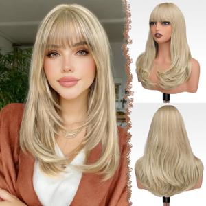 FESHFEN Long Wigs with Bangs, Synthetic Natural Looking Layered Straight Hair Wig for Women Daily Party Use 18 inch, Dirty Blonde