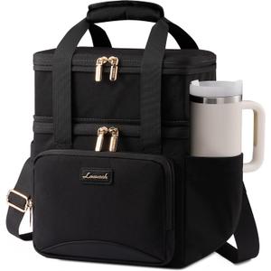 LOVEVOOK Insulated Lunch Bag For Women,Large Double Deck Adult Lunch Box,Teacher Lunch Tote Bag With Cup Holder,Leakproof Cooler Bag With Adjustable Shoulder Strap For Work Picnic Beach,Larger 15L, Black