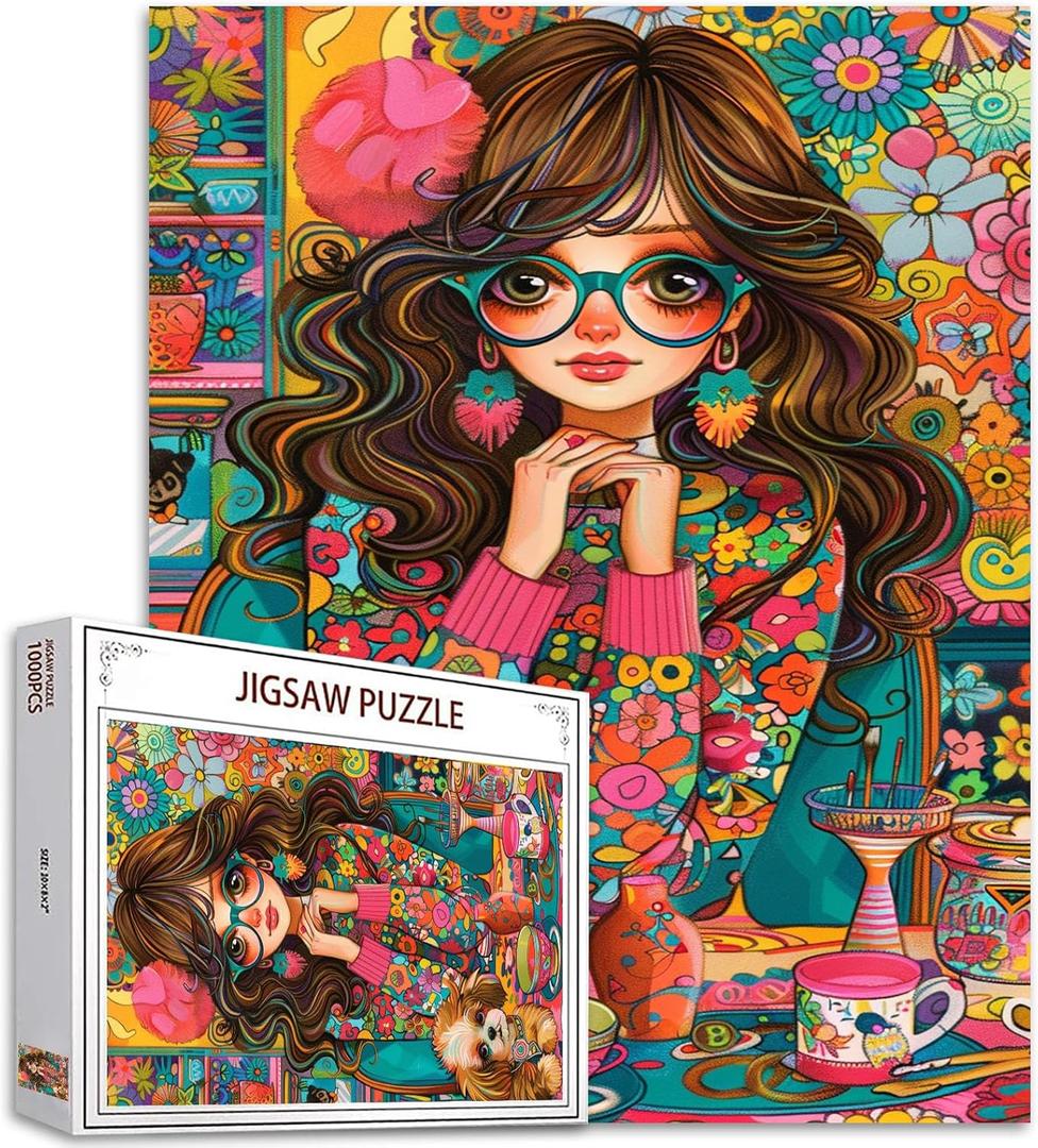 Tucocoo 1000 Piece Jigsaw Puzzles for Adults Beautiful Girl Jigsaw Puzzle Cute Dog Abstract Floral 1000 Pieces Puzzles for Challenging Family Activity Game Colorful DIY Puzzle Wall Decor Gifts (Artwork-18)