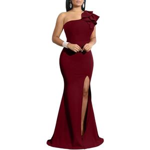 YMDUCH Women's Sexy Sleeveless One Shoulder Ruffle High Split Party Evening Long Formal Dress, Size Medium