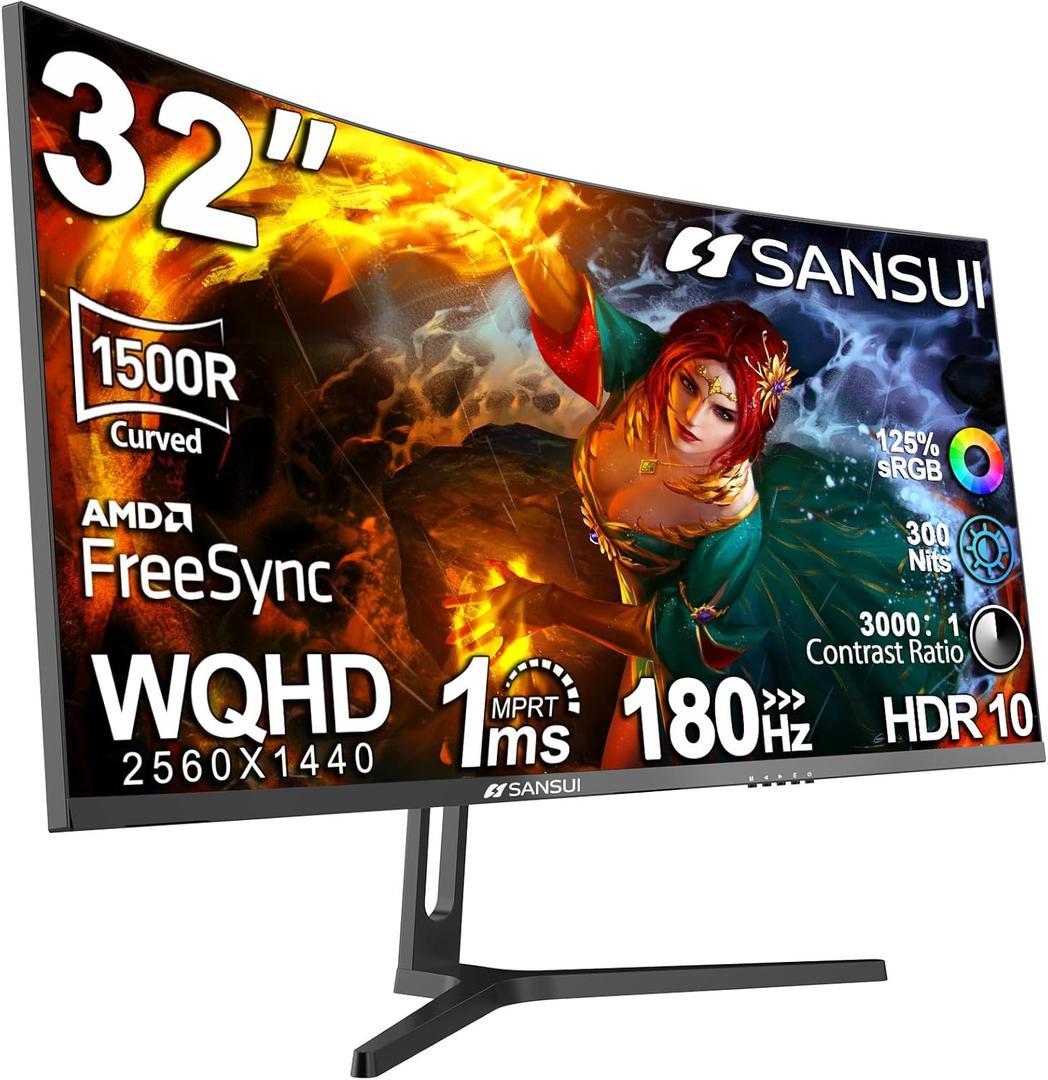 SANSUI 32-Inch Curved Gaming Monitor WQHD 2560 x 1440 180Hz Curved 1500R -1ms(OD), HDR, 300nits, sRGB 125%, DCI-P3 95%, FreeSync, HDMI x2, DP1.2x2(ES-G32C3 DP Cable Included)