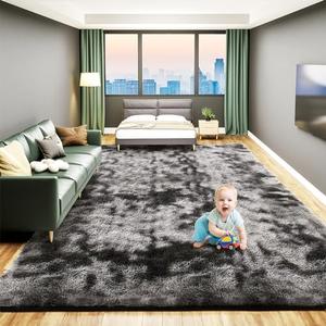 Large 8x10 Rugs for Living Room, Luxury Fluffy Shag Fuzzy Plush Soft Modern Area Rugs, Big Thick Soft Nursery Rug, Anti-Skid Fluffy Indoor Carpets for Kids Room Home Decor, Tie-Dyed Dark Grey