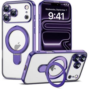 Compatible with iPhone 17 Pro Max Case with Magnetic Ring Stand [Compatible with Mag-Safe] [Full Camera Lens Protector] Plating Clear Phone Case for iPhone 17 Pro Max 6.9", Purple