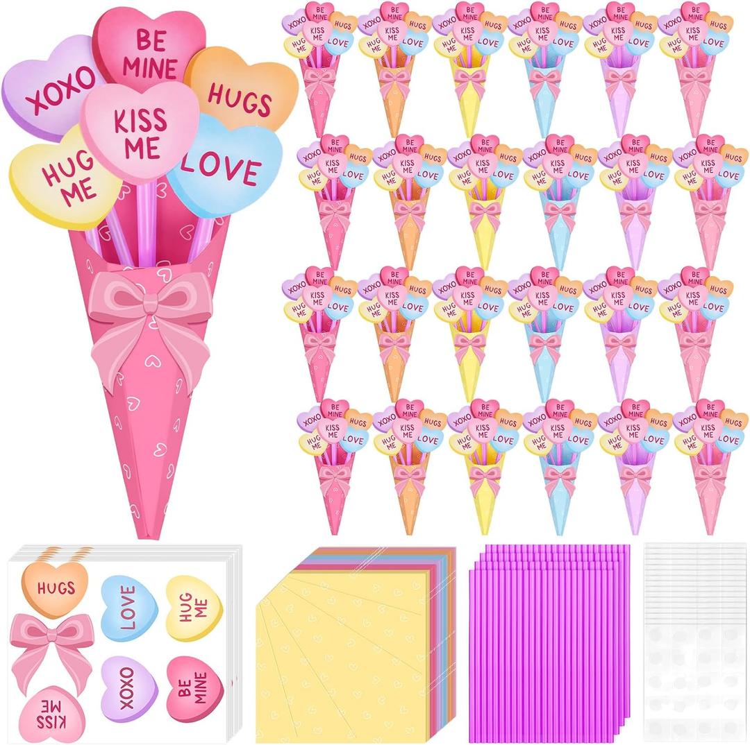 Demonwer 24 Set Mother's Day Flower Bouquet Craft Kit DIY Flower Greeting Card Handmade Bouquet Cards Craft Gifts for Valentine School Classroom Exchange Gift Party Supplies (Heart)