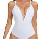 Deep V Bodysuit for Women Thong Shapewear Tummy Control Low Back Shapewear for Women (Small, White)