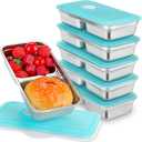6 Pcs Stainless Steel Snack Containers 30 oz 2-compartment Meal Prep Containers Reusable Metal Divided Bento Box with Silicone Lids Leakproof Lunch Box Dishwasher Safe (Blue)