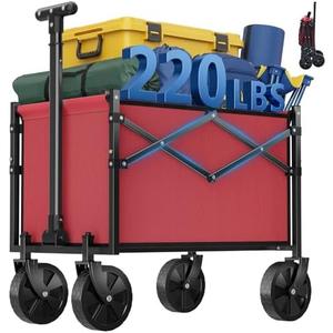 OLIXIS Collapsible Wagon Cart with Wheels 220 lbs Capacity, Heavy Duty Mini Foldable Portable Wagon with Adjustable Handle, Small Foldable Cart for Camping, Garden, Sports, Beach, Shopping - Red