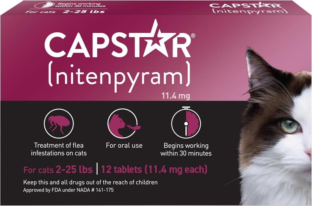 Capstar (nitenpyram) for Cats, Fast-Acting Oral Flea Treatment for Cats 2-25 lbs, Vet-Recommended Flea Medication Tablets Start Killing Fleas in 30 Minutes, 12 Doses, Best By: 02/2027