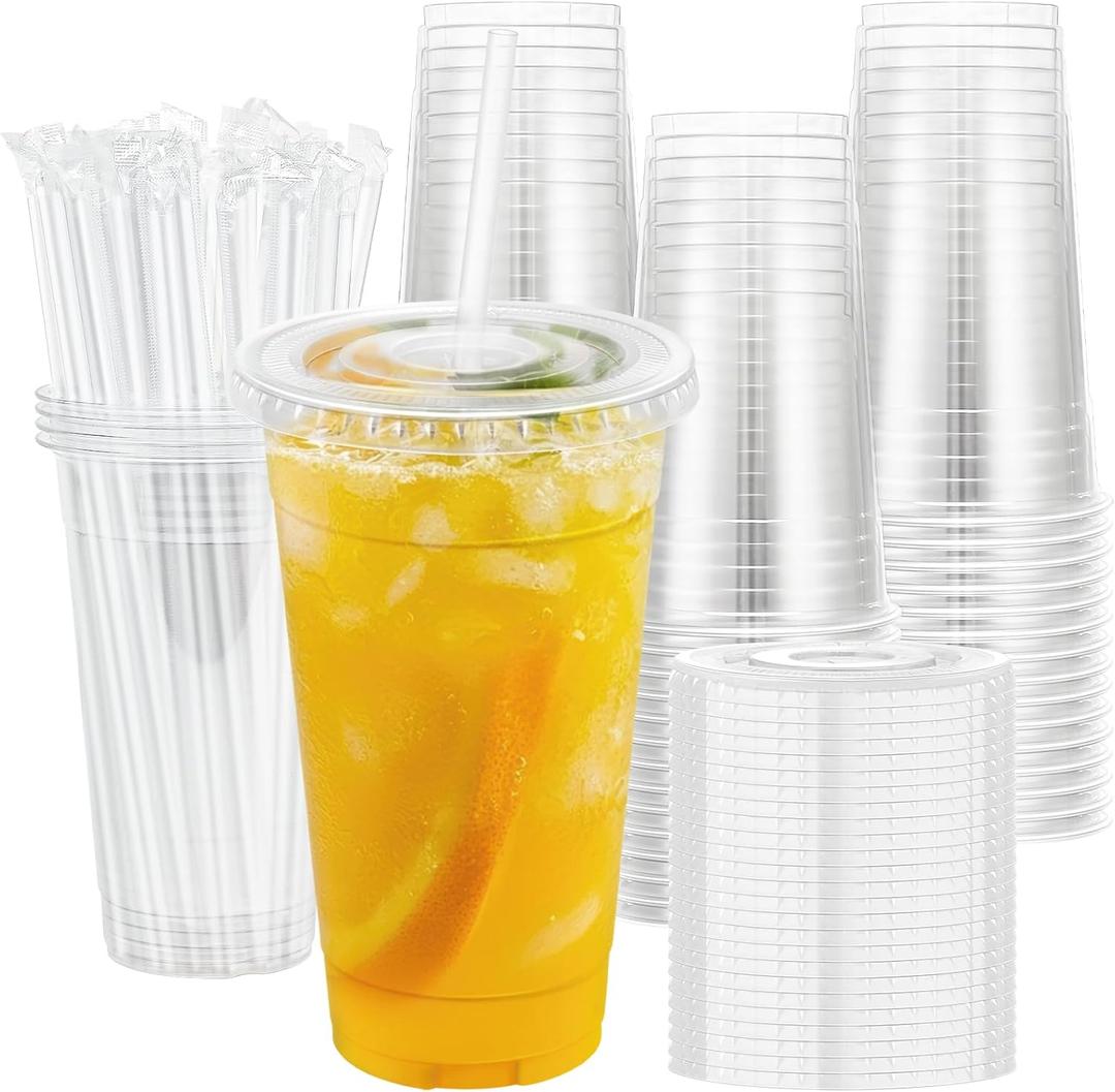 Lamosi 100 Pack 24 oz Clear Plastic Cups with Lids and Straws, Disposable Plastic Coffee Cups with Lids for Iced Coffee, Cold Beverages, Smoothies and To-Go Drinks