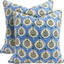 ATOSII Block Print Throw Pillow Covers, 20" X 20" - Set of 2, Decorative Couch Pillows for Living Room Bed Sofa, 100% Cotton Canvas Pillow Case for Home Decor & Outdoors, Preppy Throws - Kari Blue