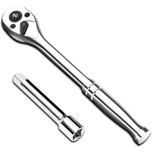 1/2-Inch Drive Ratchet Wrench, 90-Tooth Quick-release Reversible Ratchet Wrench with an Extension Bar(3 inch), 10" Long Socket wrench, 4-Degree Swing, Full Polished, Cr-Mo Head For Gifting, Repairing