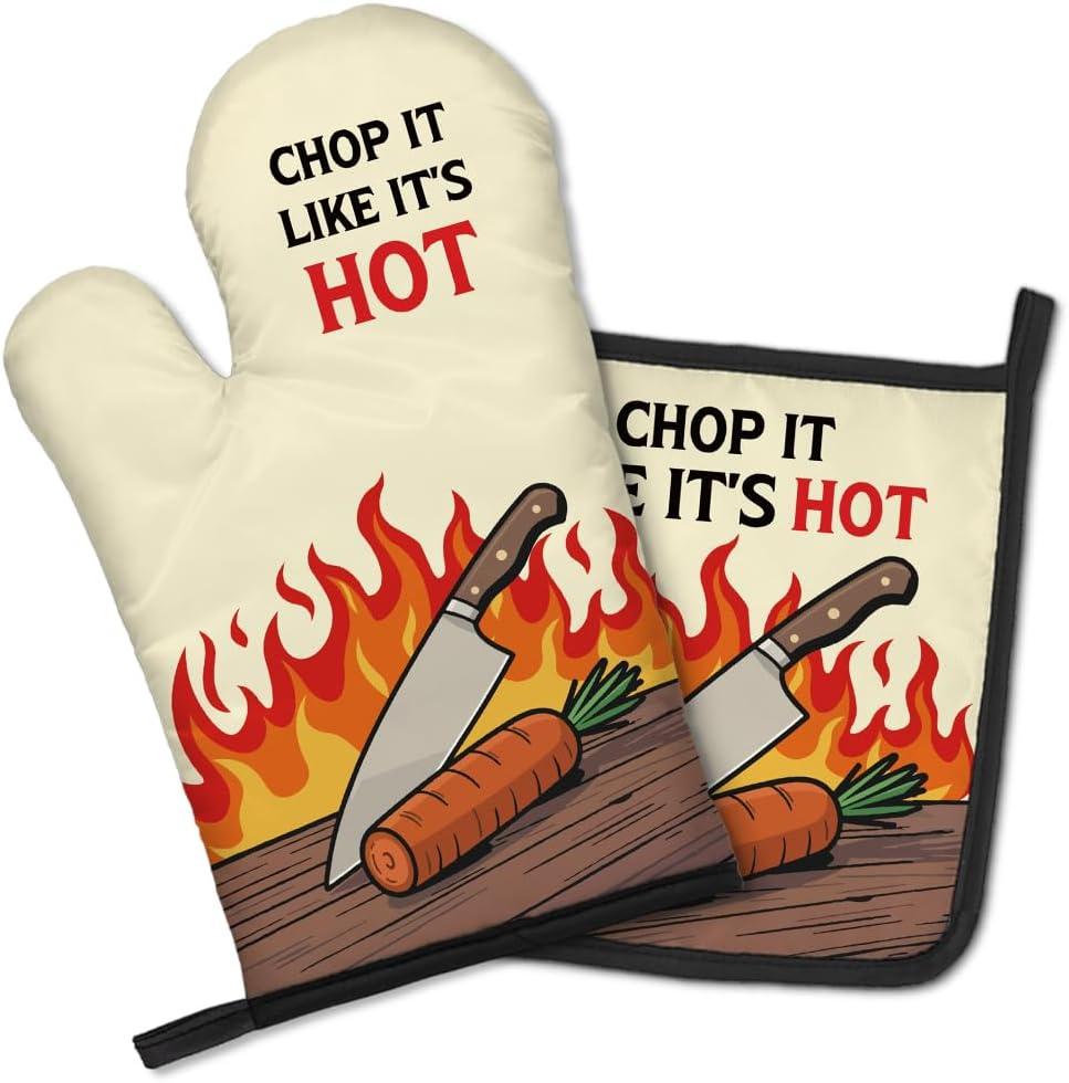 Chop it Like It's Hot Funny Oven Mitts and Pot Holders Set, Heat-Resistant Gloves for Home Chefs to Cook, Baking Kitchen Tools for Vegetable Lovers, Housewarming Gifts for Family and Friends