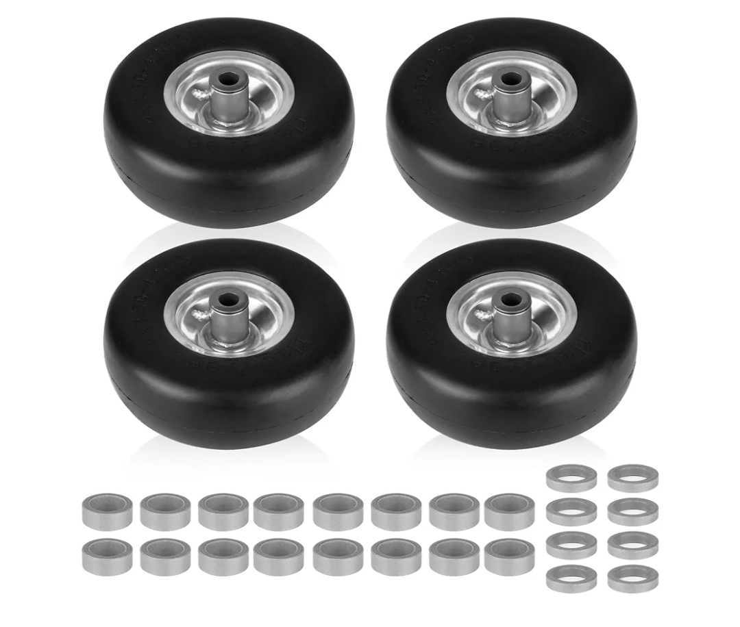 9x3.50-4" Flat Free Lawn Mower Tire and Wheel Smooth Tire with Rim for Commercial and Residential Walk-Behind Lawnmowers, Hand Trucks, Garden Carts and Trailers | 4" Centered Hub | Bore ID 3/4" 4PCS