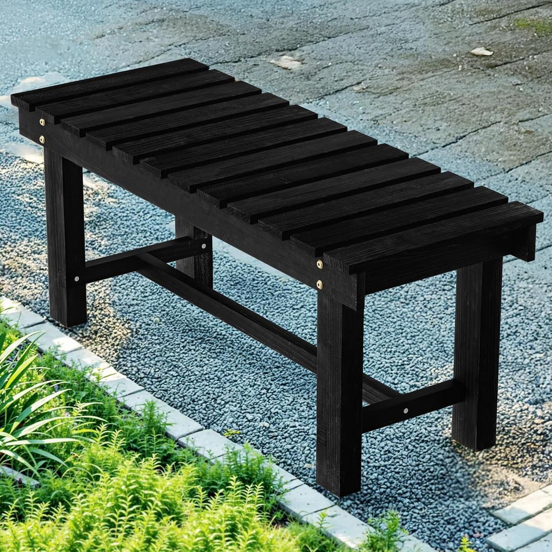 35.5" Outdoor Garden Bench,Weatherproof 2-Person Wood Backless Bench, Black, 35.5 IN