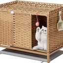 Cat Litter Box Enclosure Furniture with Divider, Handwoven Rattan Litter Box with Mat, 31.2 x 19.6 x 24.2 Inches, Metal Heightened Feet, Hidden Cat House for Living Room, Bedroom (Natural)