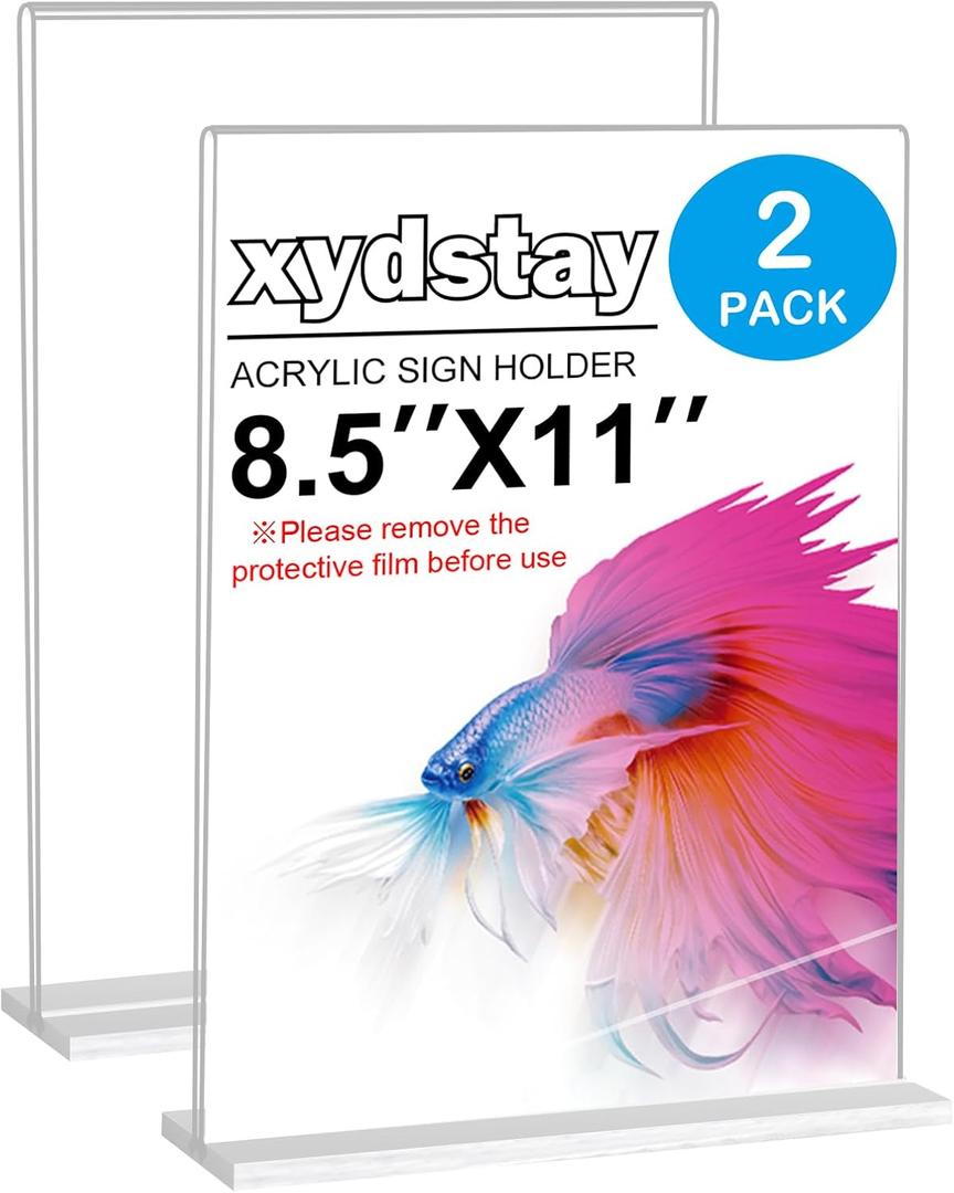 xydstay 8.5 x 11 Acrylic Sign Holder 2 Pack, Vertical T Shape Clear Plastic Menu Holder, Table Display Stand for Restaurant, Office, School, Store and Home Use