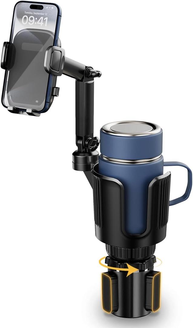 Cup Phone Holder for Your Car with Expandable Offset Base, 2 in 1 Adjustable Hands Free Cell Phone Holders Car Cupholder Mount, Friendly Sturdy Fit Large Bottle and iPhone All 4-7 inches Cellphone