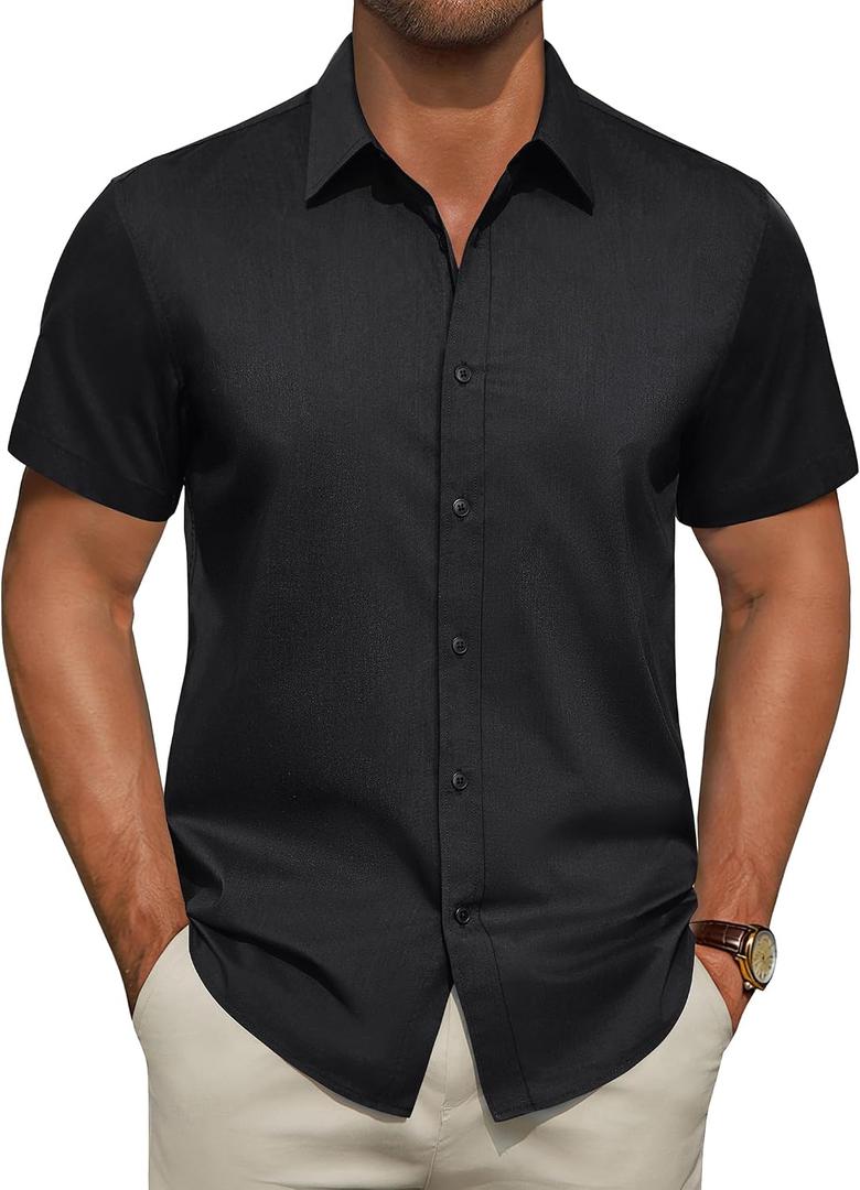 Men's Short Sleeve Dress Shirts Stretch Stain Shield Business Casual Button Down Shirts Solid Formal Wedding Tops (Black, M)
