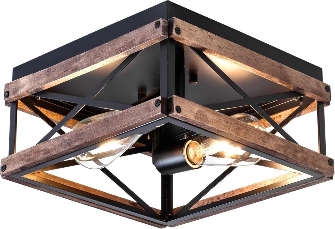 MAYNA 2-Light Industrial Ceiling Light Fixtures, Farmhouse Flush Mount Ceiling Light, Metal and Wood Square Dining Room Light Fixture for Hallway Bedroom Balcony Farmhouse,Black