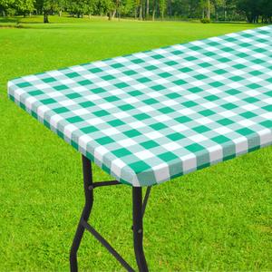 Smiry Rectangle Picnic Table Cloth, Elastic Waterproof Fitted Vinyl Tablecloth for 8 FT Tables, Flannel Backed Buffalo Plaid Table Covers for Dining, Camping, Outdoor (White and Green, 30" x 96")
