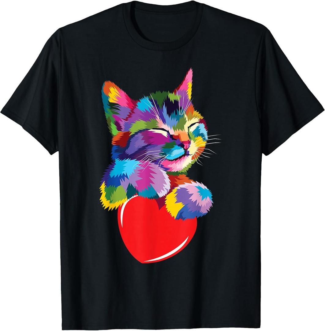 Color Critters Rainbow Cute Cat Hugging Valentine Heart Kitty Love Cat Unisex Adult Multicolor Cotton 65% Polyester 35% Short Sleeve T-Shirt, Medium