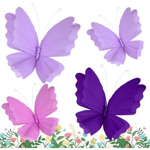 Large Butterfly Party Decorations - 2Pcs 3D Crepe Paper Hanging Butterfly Purple Giant Butterflies for Girls Women Birthday Party Baby Shower Wedding Spring Flower Garden Nursery Decor