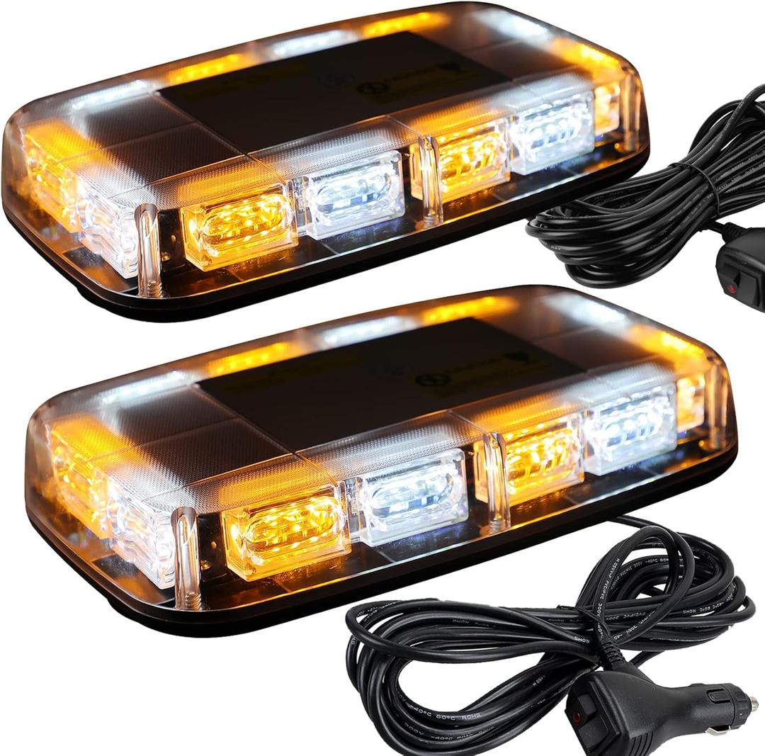 ASPL 2pcs 48LED Roof Top Strobe Lights, High Visibility Emergency Safety Warning LED Mini Strobe Light bar with Magnetic Base for 12-24V Snow Plow, Trucks, Construction Vehicles (Amber/White)