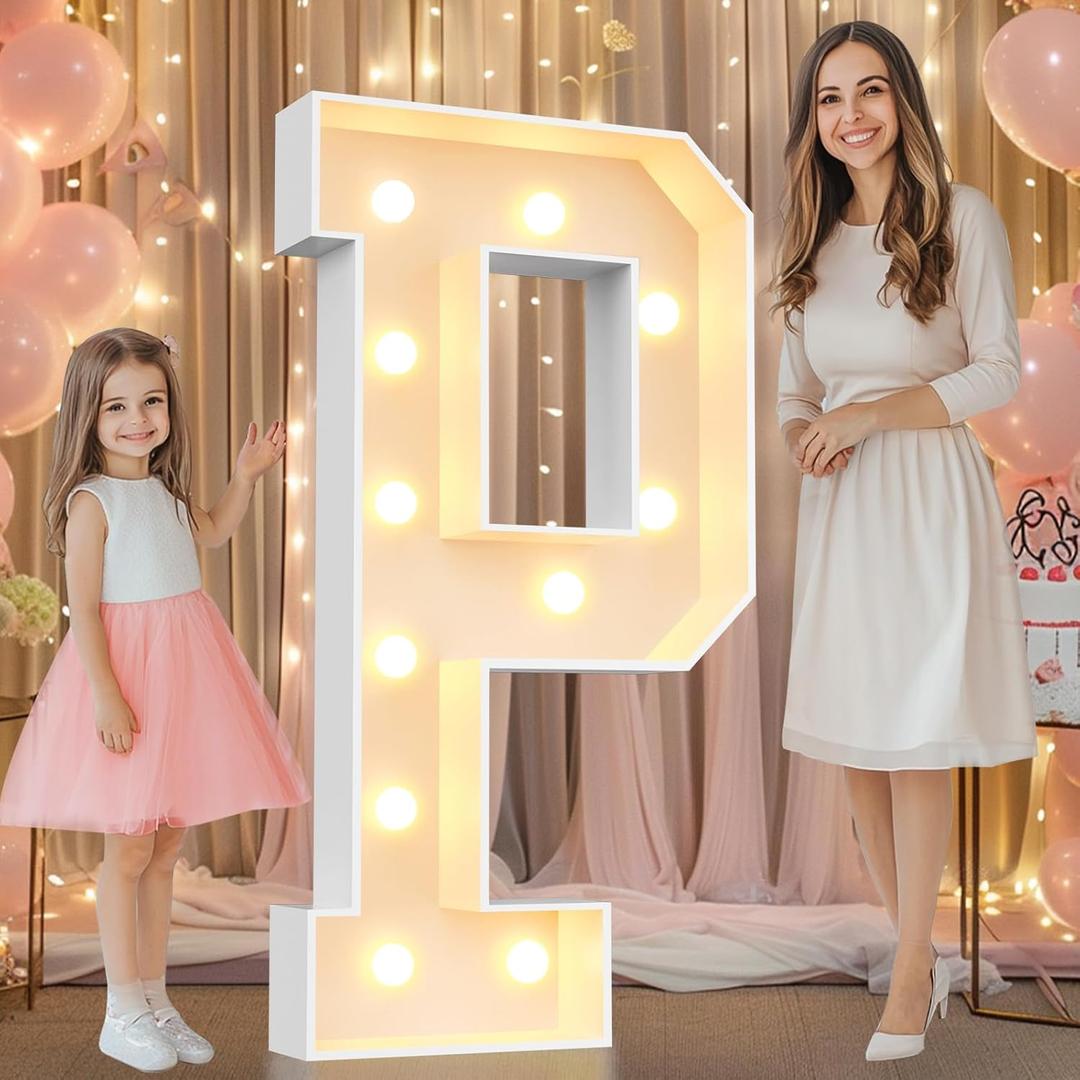 Pooqla 4 FT Marquee Light Up Letters, Marquee Letter Lights 4 Feet Tall, Giant Letter Sign Big Mosaic Letters for Balloons Birthday Party Anniversary Wedding Decorations, Warm White Letter P